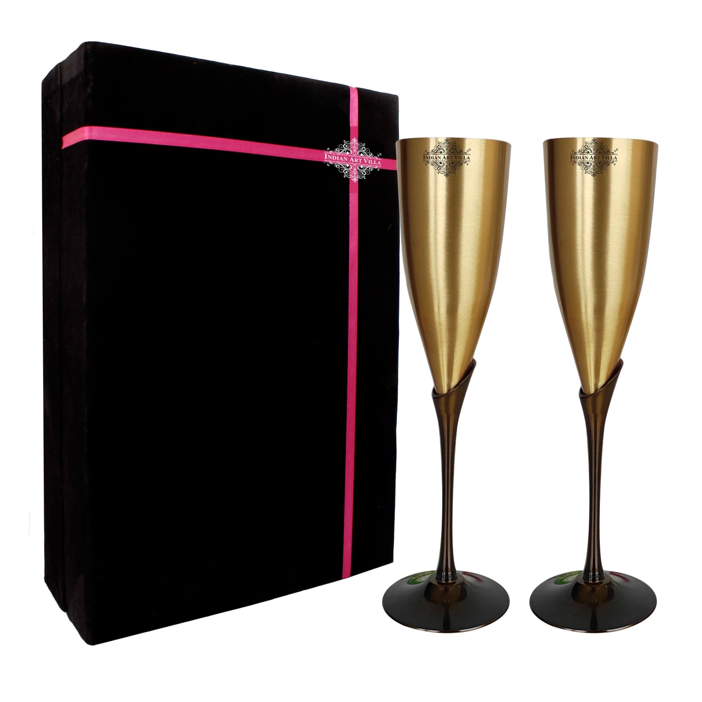 Brass Matt Finish Plain & Embossed Design Flute Champagne Two Glasses Gift Set With Black Velvet Box, Volume- 200 ML