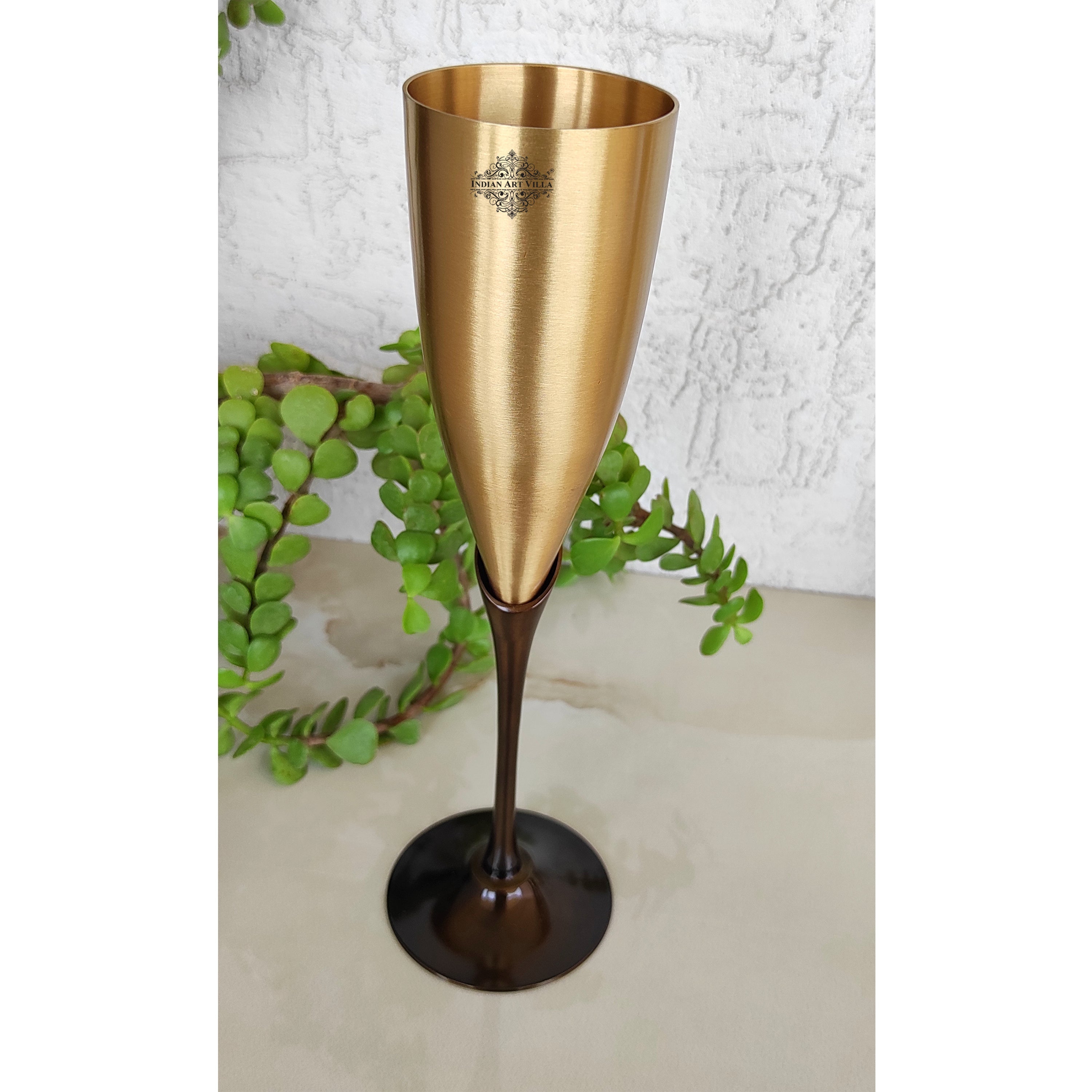 Brass Matt Finish Plain & Embossed Design Flute Champagne Two Glasses Gift Set With Black Velvet Box, Volume- 200 ML