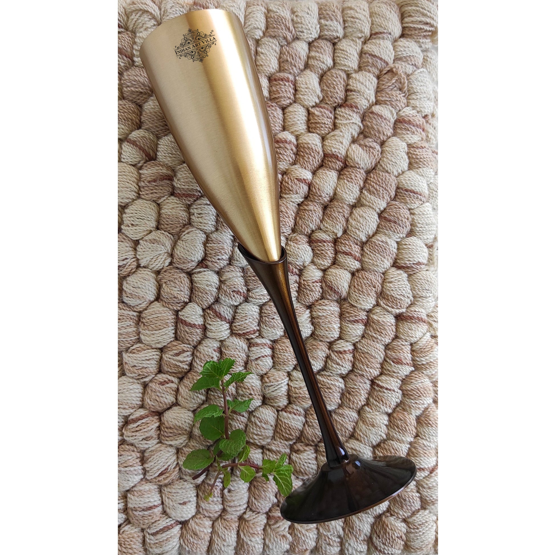 Brass Matt Finish Plain & Embossed Design Flute Champagne Two Glasses Gift Set With Black Velvet Box, Volume- 200 ML