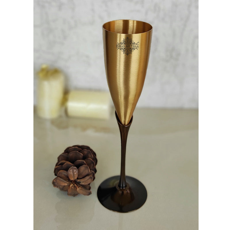 Brass Matt Finish Plain & Embossed Design Flute Champagne Two Glasses Gift Set With Black Velvet Box, Volume- 200 ML