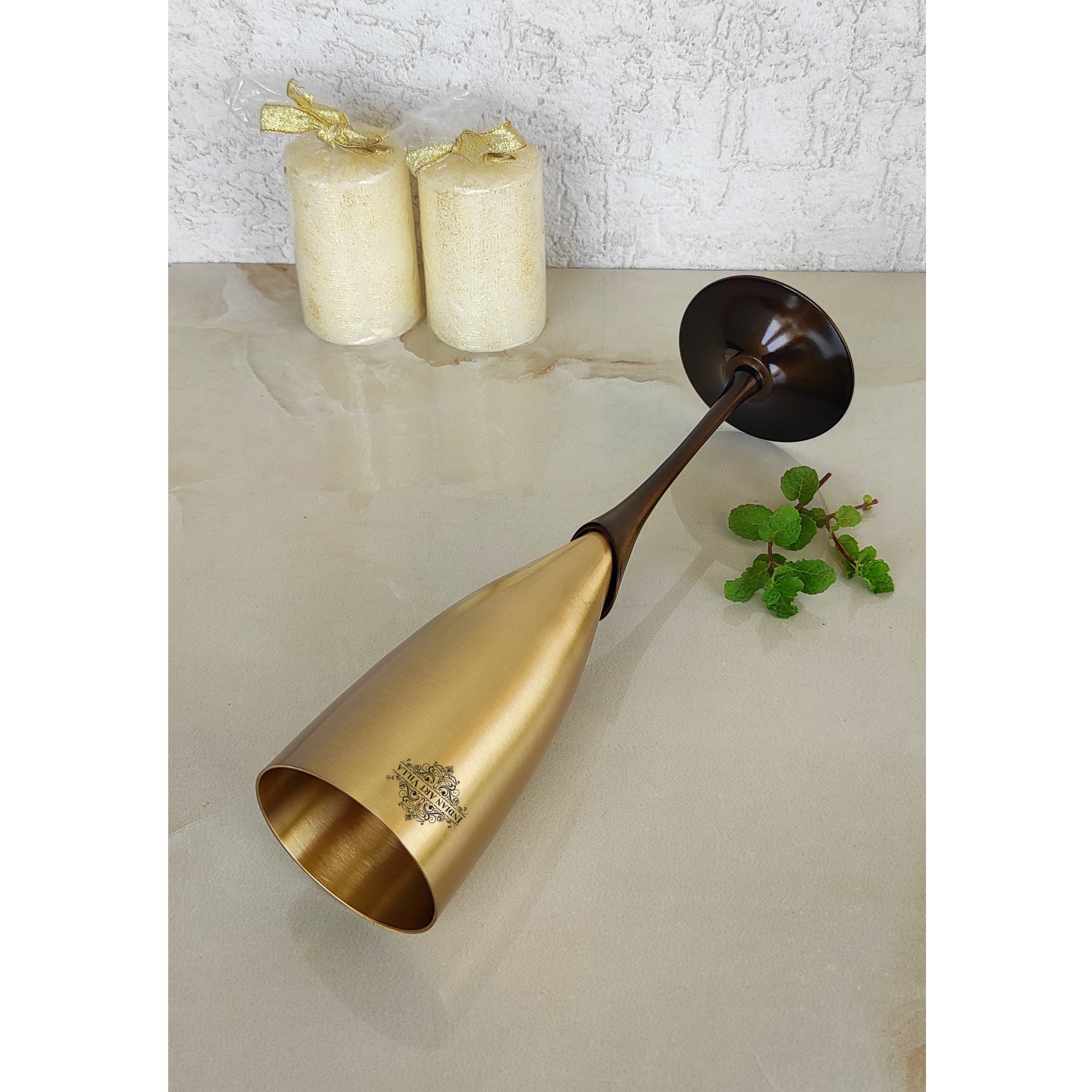 Brass Matt Finish Plain & Embossed Design Flute Champagne Two Glasses Gift Set With Black Velvet Box, Volume- 200 ML