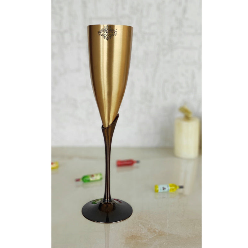 Brass Matt Finish Plain & Embossed Design Flute Champagne Two Glasses Gift Set With Black Velvet Box, Volume- 200 ML