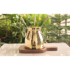 Pure Brass Hammered Design Table Tandoor With Wooden Bottom & 3 Skewers, Tableware Tandoor For Home, Hotel & Restaurants, Diameter-30.48 cm