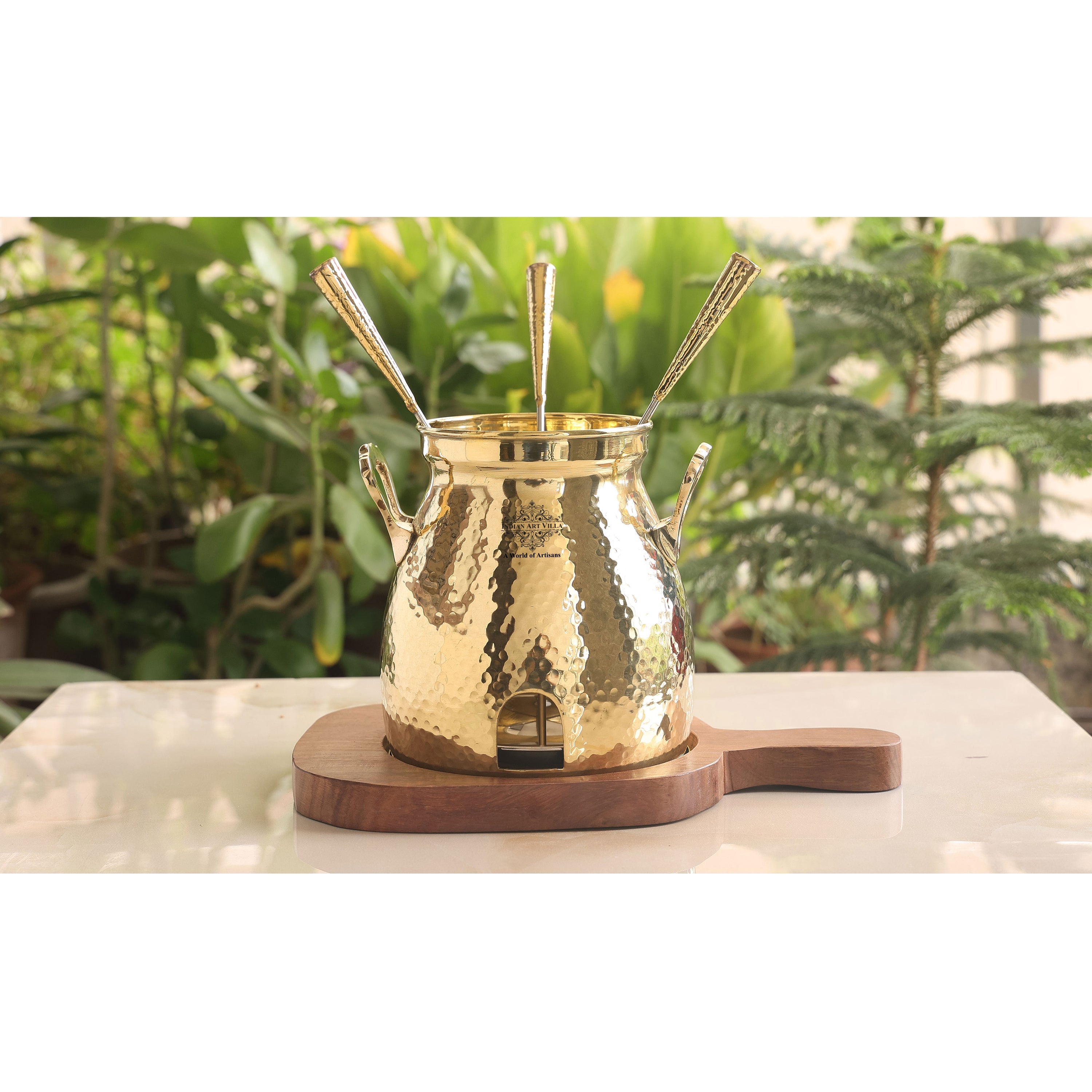 Pure Brass Hammered Design Table Tandoor With Wooden Bottom & 3 Skewers, Tableware Tandoor For Home, Hotel & Restaurants, Diameter-30.48 cm