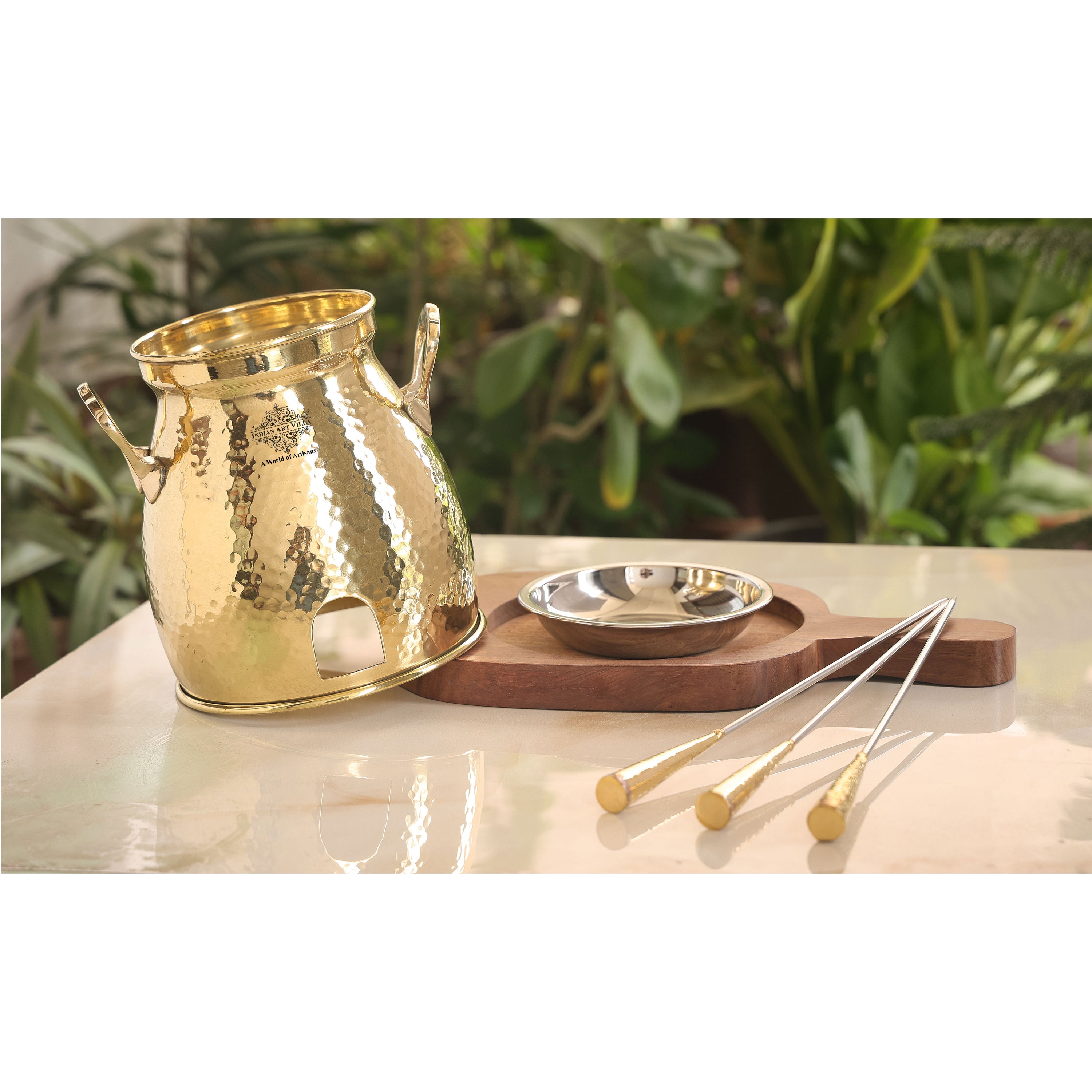 Pure Brass Hammered Design Table Tandoor With Wooden Bottom & 3 Skewers, Tableware Tandoor For Home, Hotel & Restaurants, Diameter-30.48 cm