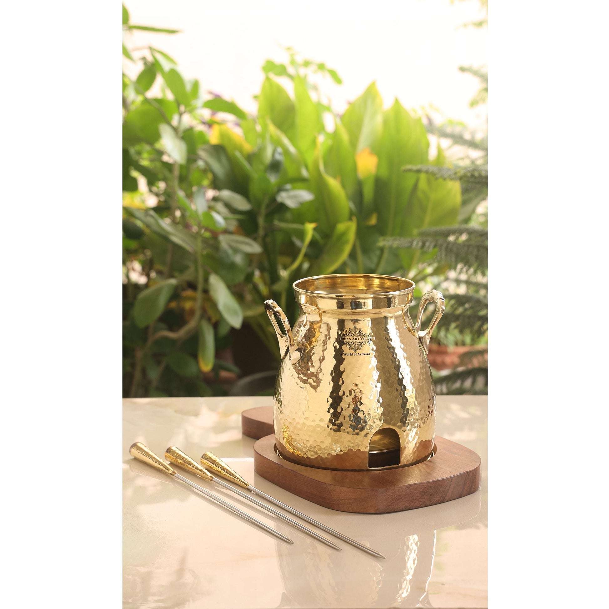 Pure Brass Hammered Design Table Tandoor With Wooden Bottom & 3 Skewers, Tableware Tandoor For Home, Hotel & Restaurants, Diameter-30.48 cm