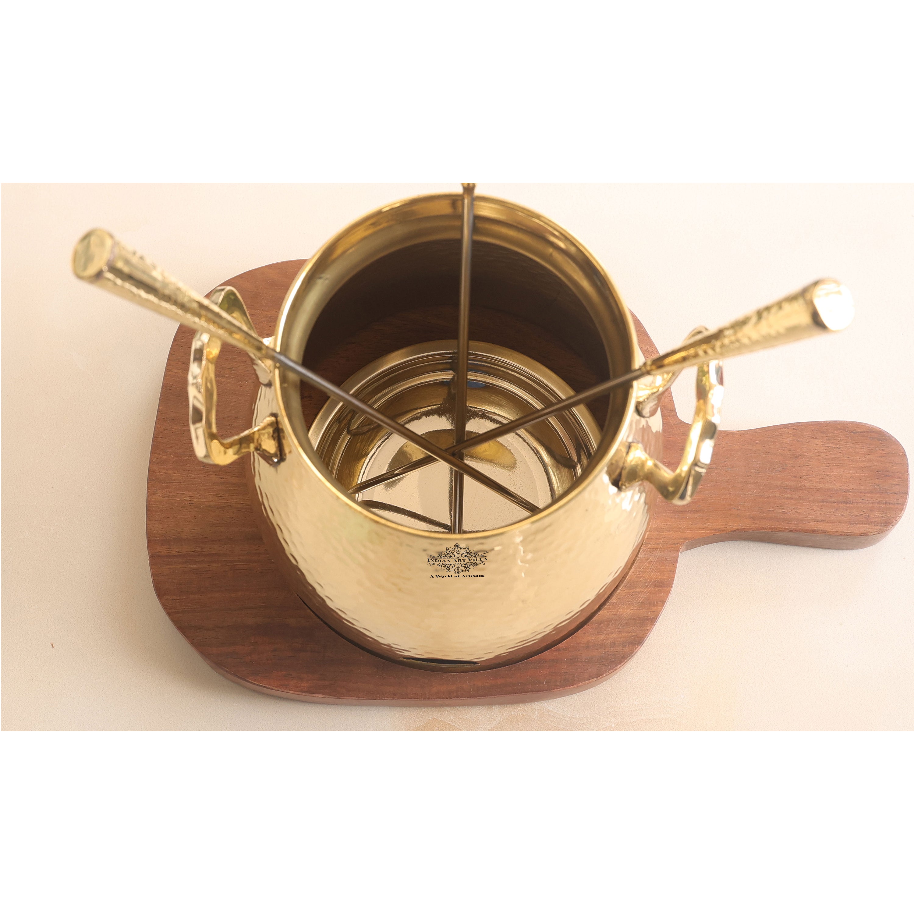 Pure Brass Hammered Design Table Tandoor With Wooden Bottom & 3 Skewers, Tableware Tandoor For Home, Hotel & Restaurants, Diameter-30.48 cm