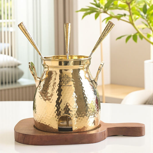 Pure Brass Hammered Design Table Tandoor With Wooden Bottom & 3 Skewers, Tableware Tandoor For Home, Hotel & Restaurants, Diameter-30.48 cm