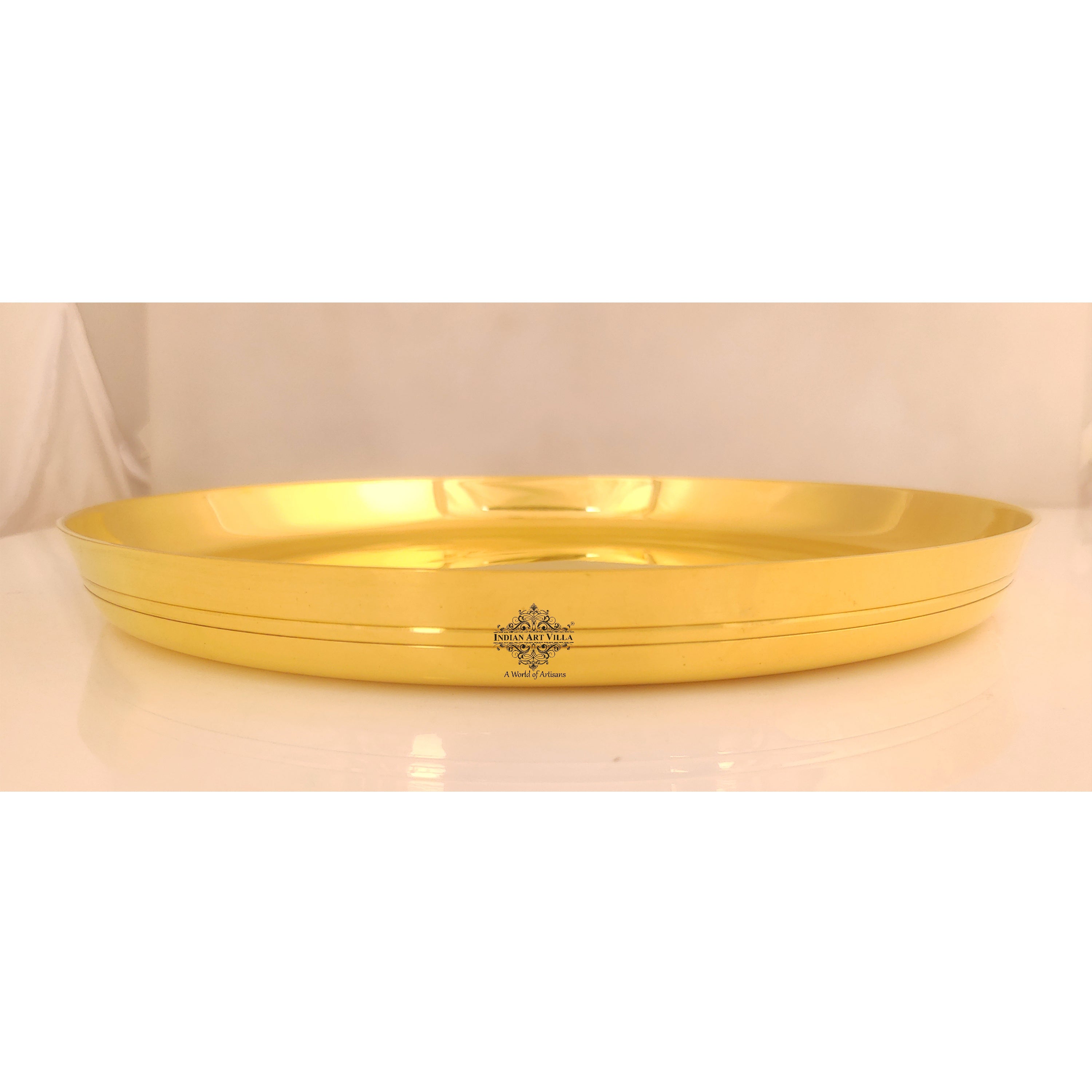 Pure Brass Shine Finish Lining Design Thali/Plate  Diameter-36.83 cm