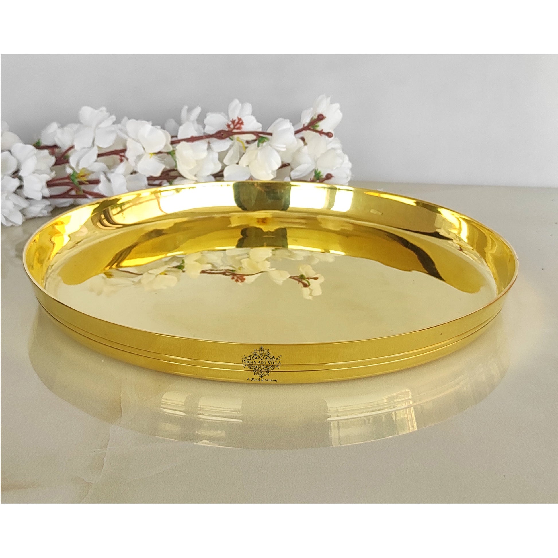 Pure Brass Shine Finish Lining Design Thali/Plate  Diameter-36.83 cm