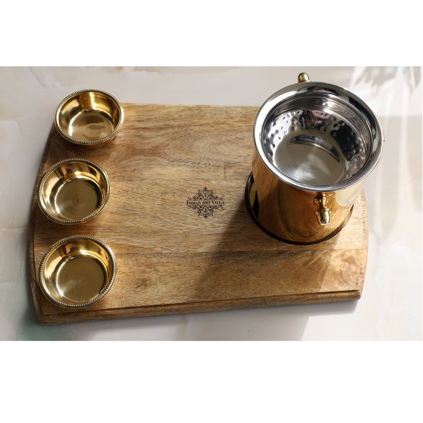 Brass Food Warmer With Wooden Bottom & 3 Bowls and Steel Lid, Tabelware Tandoor For Home, Hotel& Restaurants, Size-15.75 cm x 40.64 cm