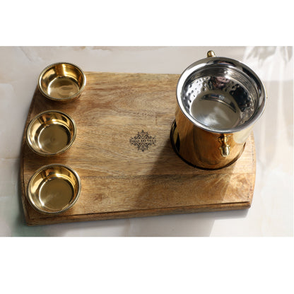 Brass Food Warmer With Wooden Bottom & 3 Bowls and Steel Lid, Tabelware Tandoor For Home, Hotel& Restaurants, Size-15.75 cm x 40.64 cm