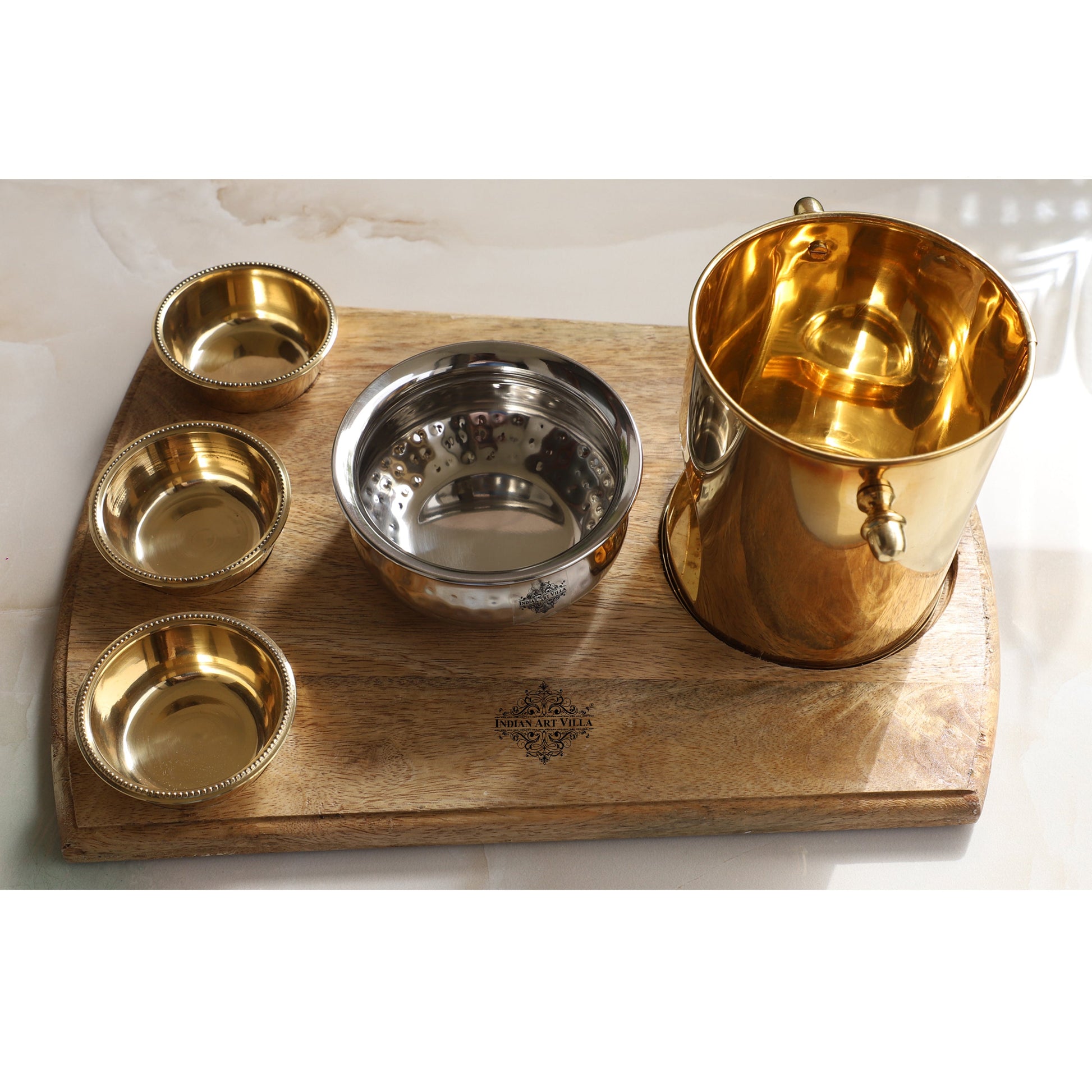 Brass Food Warmer With Wooden Bottom & 3 Bowls and Steel Lid, Tabelware Tandoor For Home, Hotel& Restaurants, Size-15.75 cm x 40.64 cm