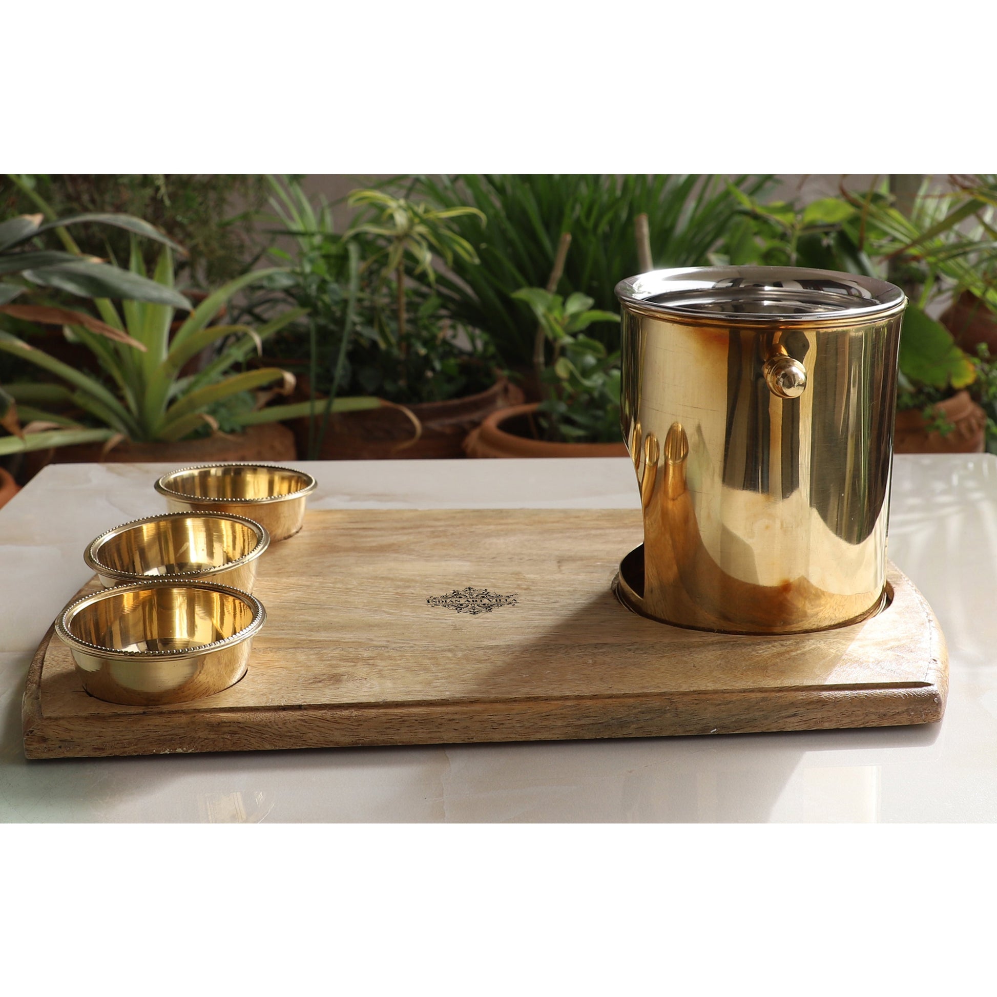 Brass Food Warmer With Wooden Bottom & 3 Bowls and Steel Lid, Tabelware Tandoor For Home, Hotel& Restaurants, Size-15.75 cm x 40.64 cm