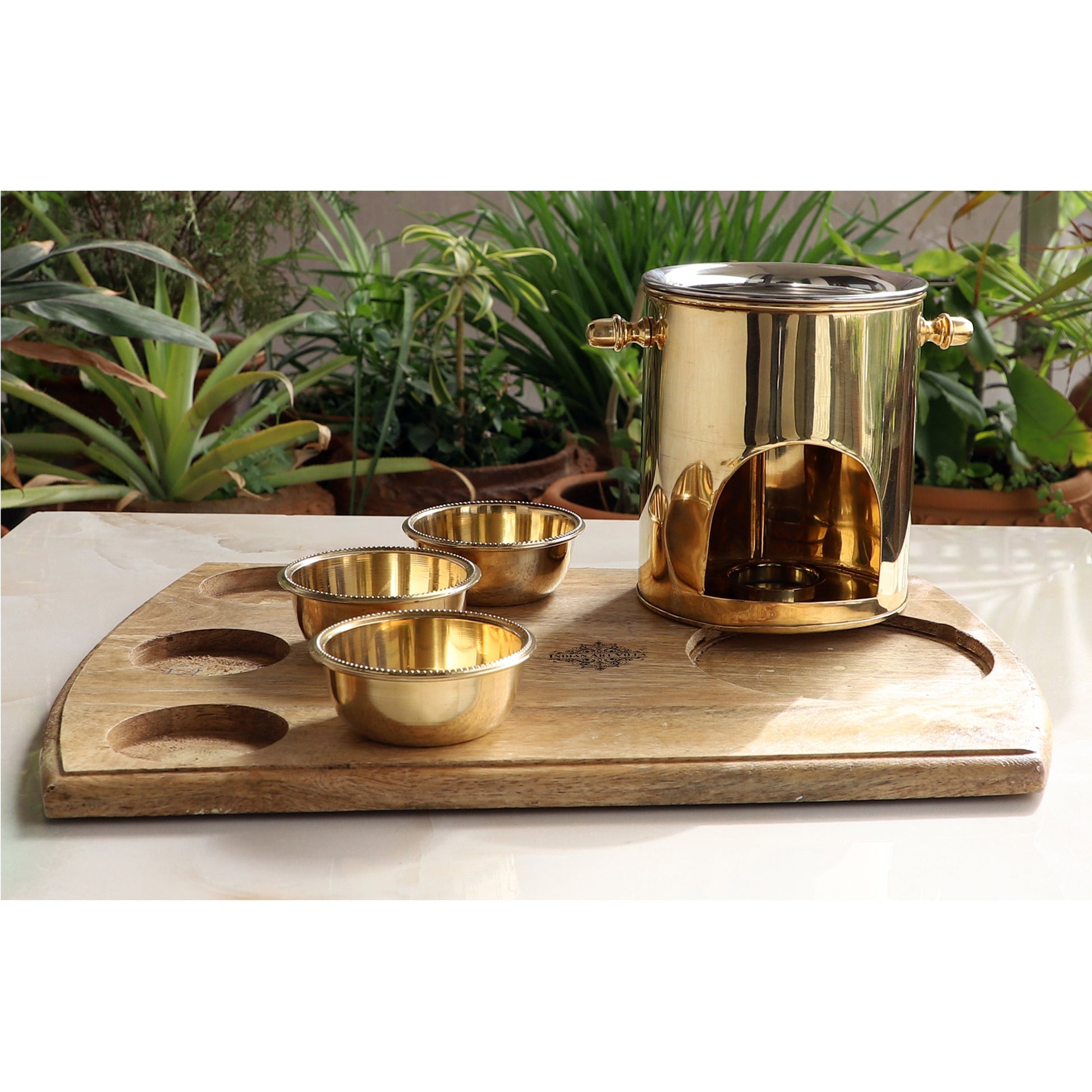 Brass Food Warmer With Wooden Bottom & 3 Bowls and Steel Lid, Tabelware Tandoor For Home, Hotel& Restaurants, Size-15.75 cm x 40.64 cm