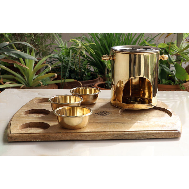 Brass Food Warmer With Wooden Bottom & 3 Bowls and Steel Lid, Tabelware Tandoor For Home, Hotel& Restaurants, Size-15.75 cm x 40.64 cm