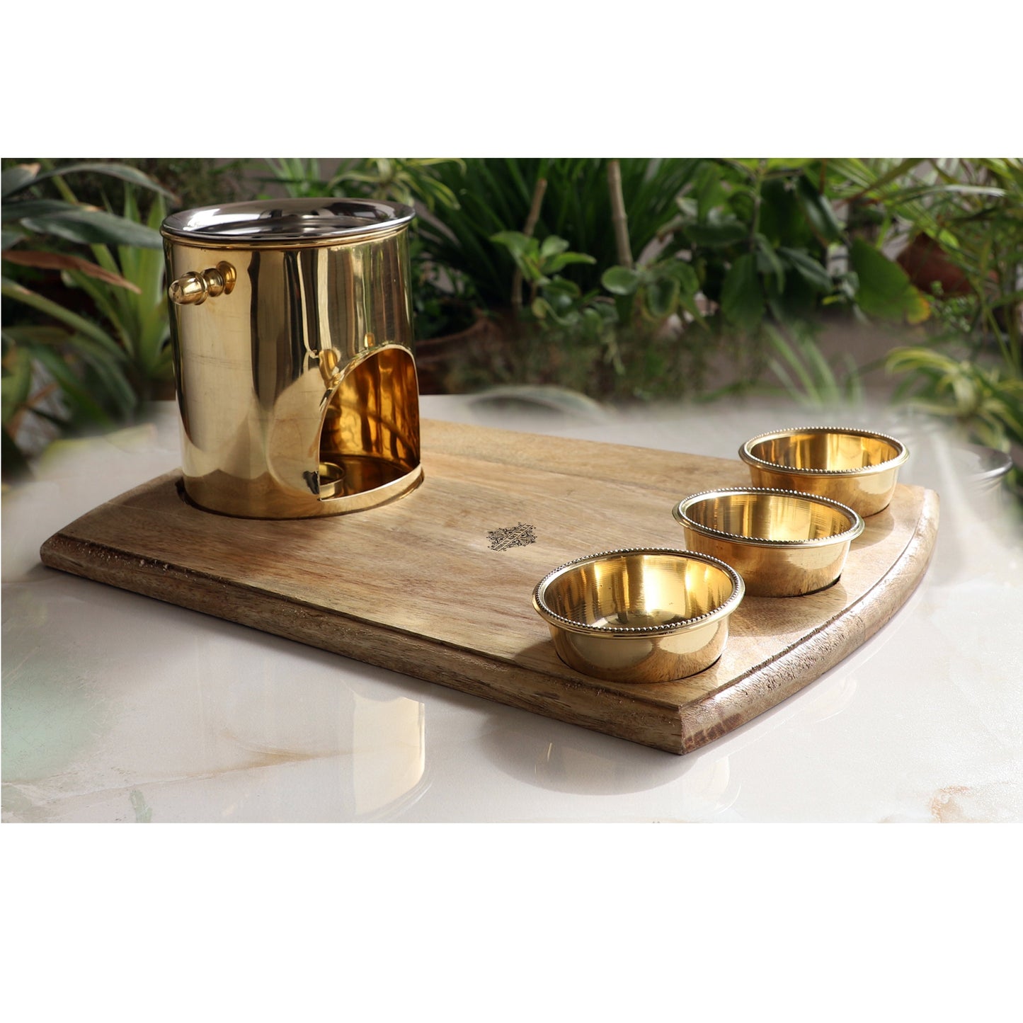 Brass Food Warmer With Wooden Bottom & 3 Bowls and Steel Lid, Tabelware Tandoor For Home, Hotel& Restaurants, Size-15.75 cm x 40.64 cm