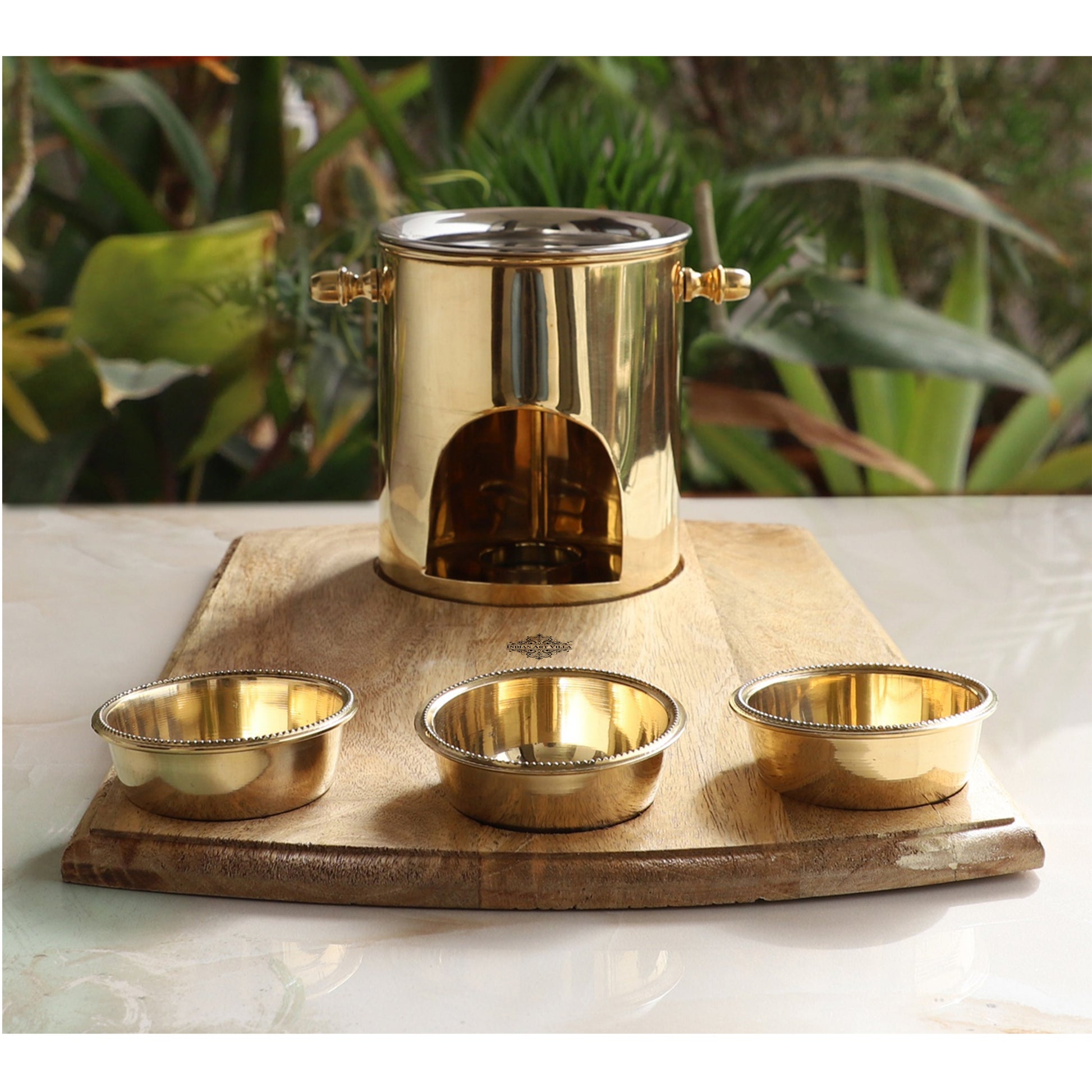 Brass Food Warmer With Wooden Bottom & 3 Bowls and Steel Lid, Tabelware Tandoor For Home, Hotel& Restaurants, Size-15.75 cm x 40.64 cm