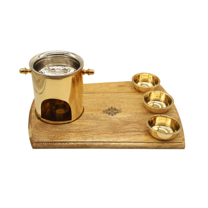 Brass Food Warmer With Wooden Bottom & 3 Bowls and Steel Lid, Tabelware Tandoor For Home, Hotel& Restaurants, Size-15.75 cm x 40.64 cm