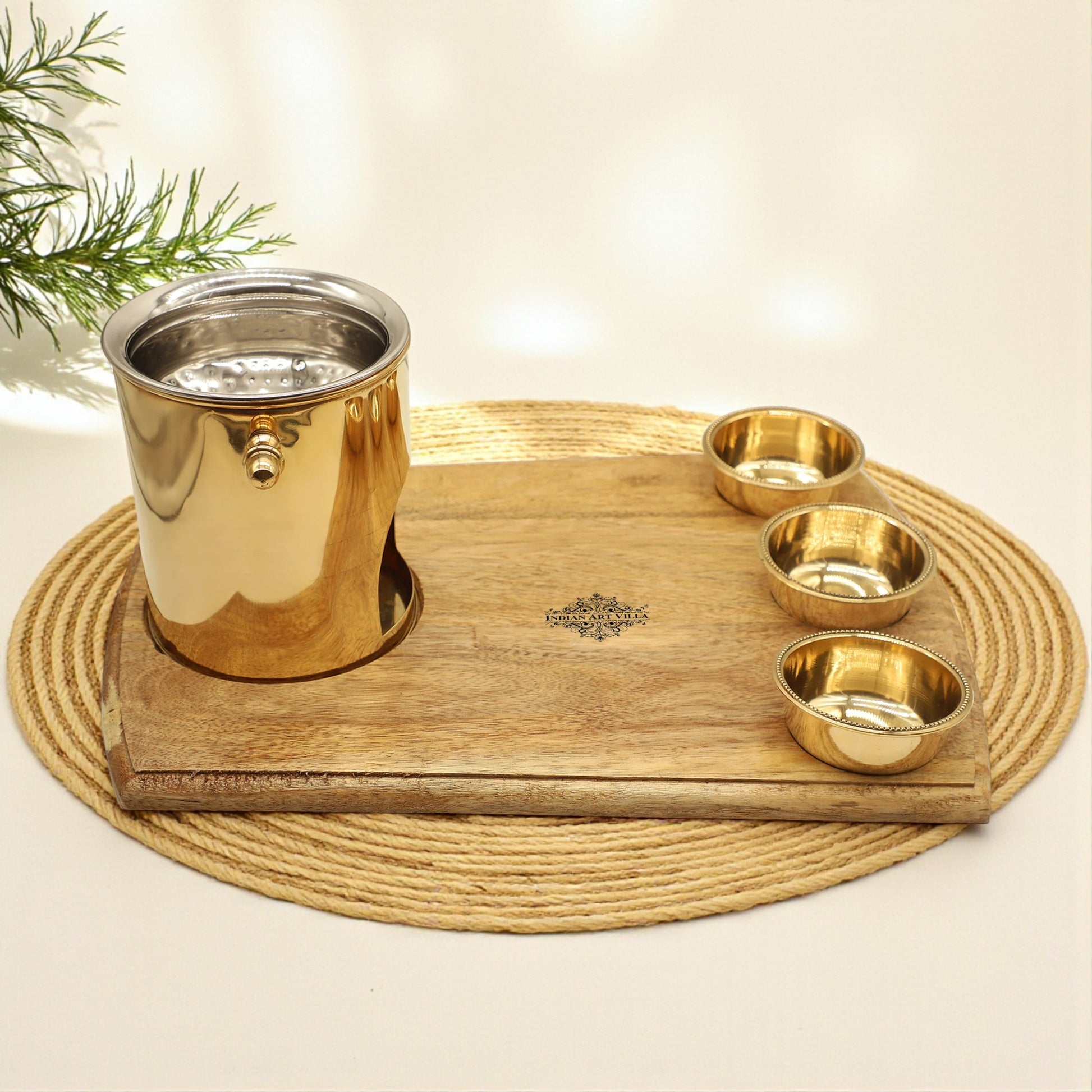 Brass Food Warmer With Wooden Bottom & 3 Bowls and Steel Lid, Tabelware Tandoor For Home, Hotel& Restaurants, Size-15.75 cm x 40.64 cm