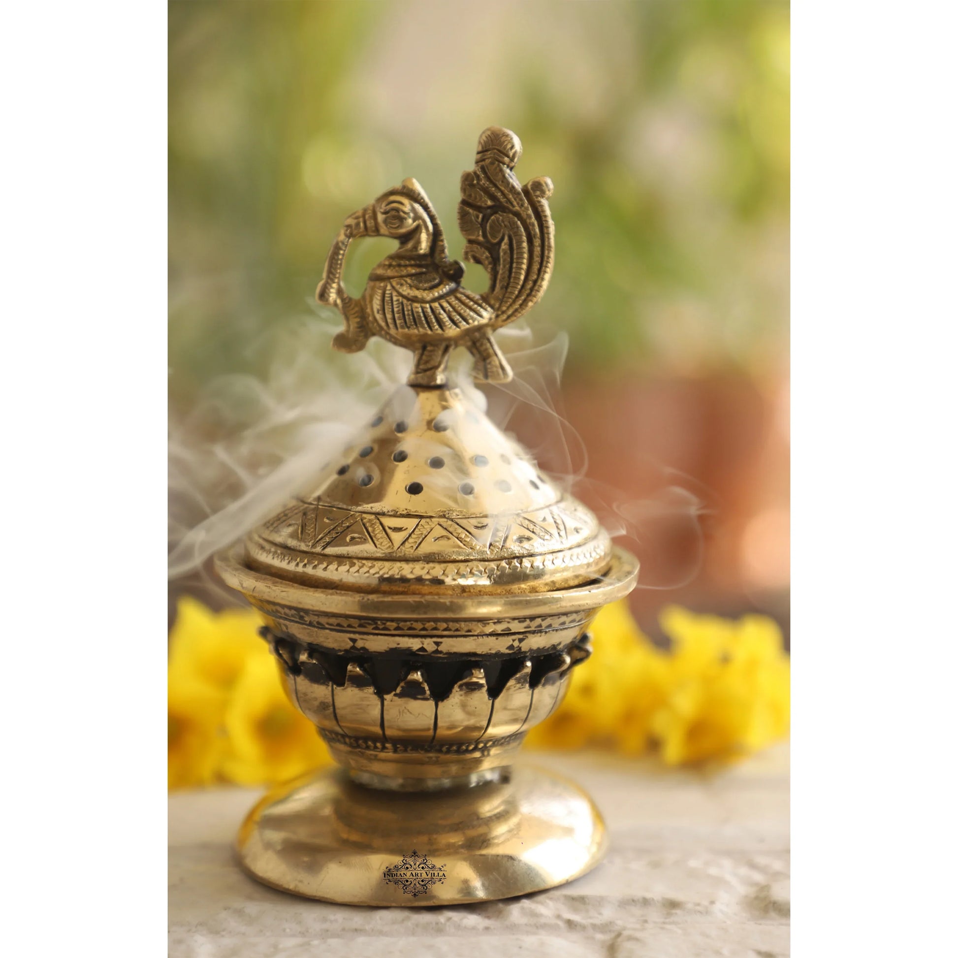 Brass Dhopp Dani with Antique Peacock Design, Idol for Home & Tempel Pooja, Size-6.5x10.16 cm