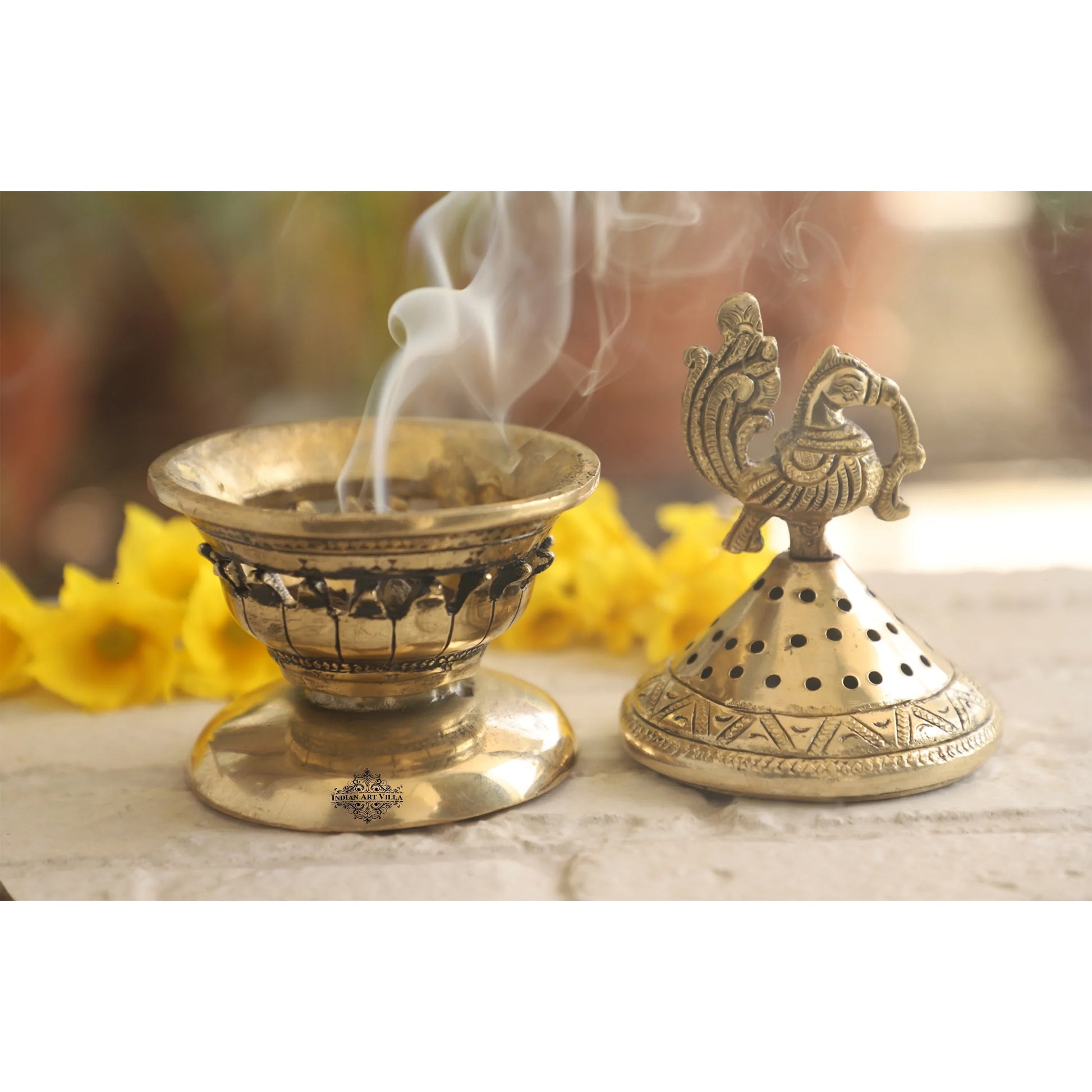 Brass Dhopp Dani with Antique Peacock Design, Idol for Home & Tempel Pooja, Size-6.5x10.16 cm