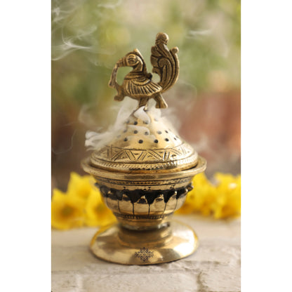 Brass Dhopp Dani with Antique Peacock Design, Idol for Home & Tempel Pooja, Size-6.5x10.16 cm