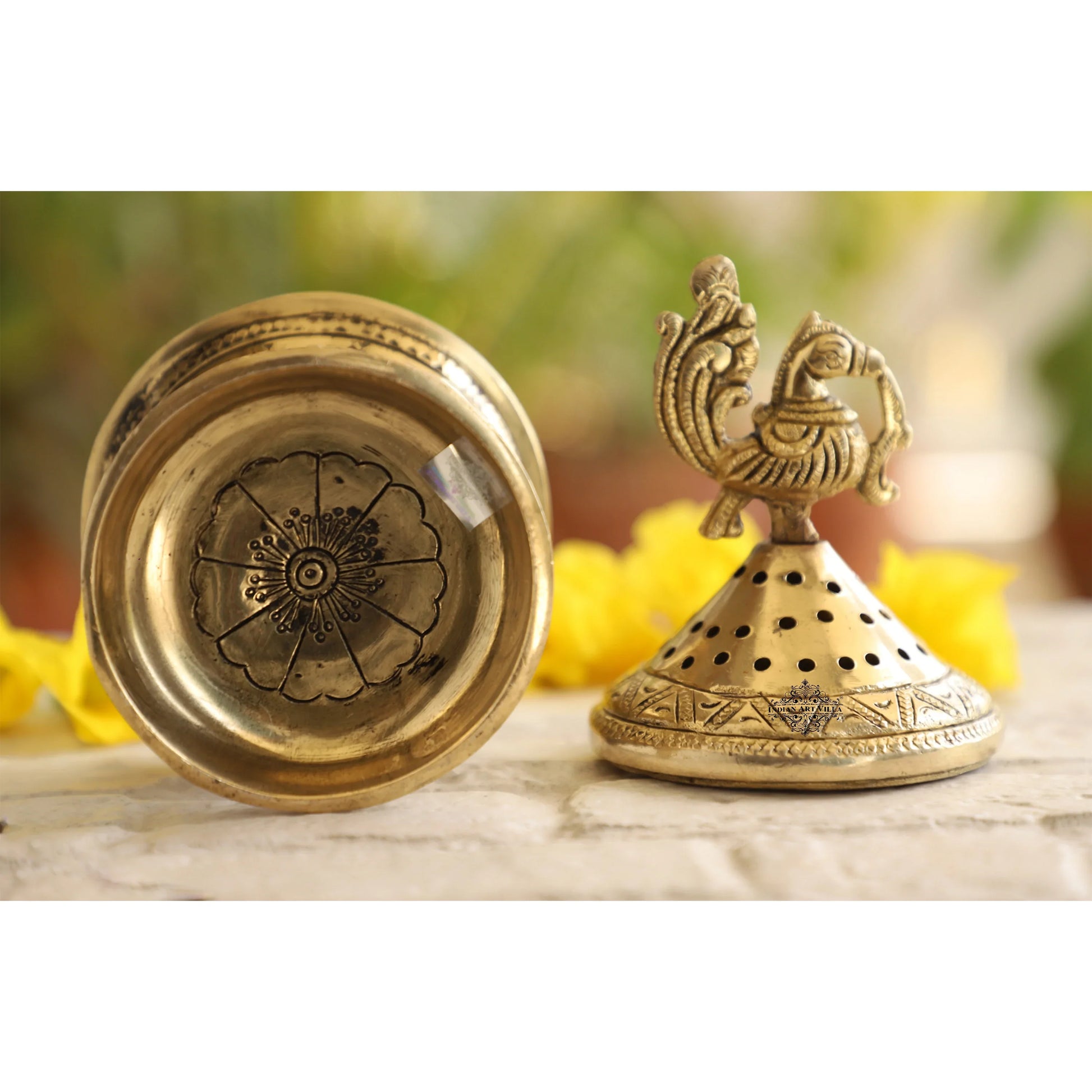 Brass Dhopp Dani with Antique Peacock Design, Idol for Home & Tempel Pooja, Size-6.5x10.16 cm