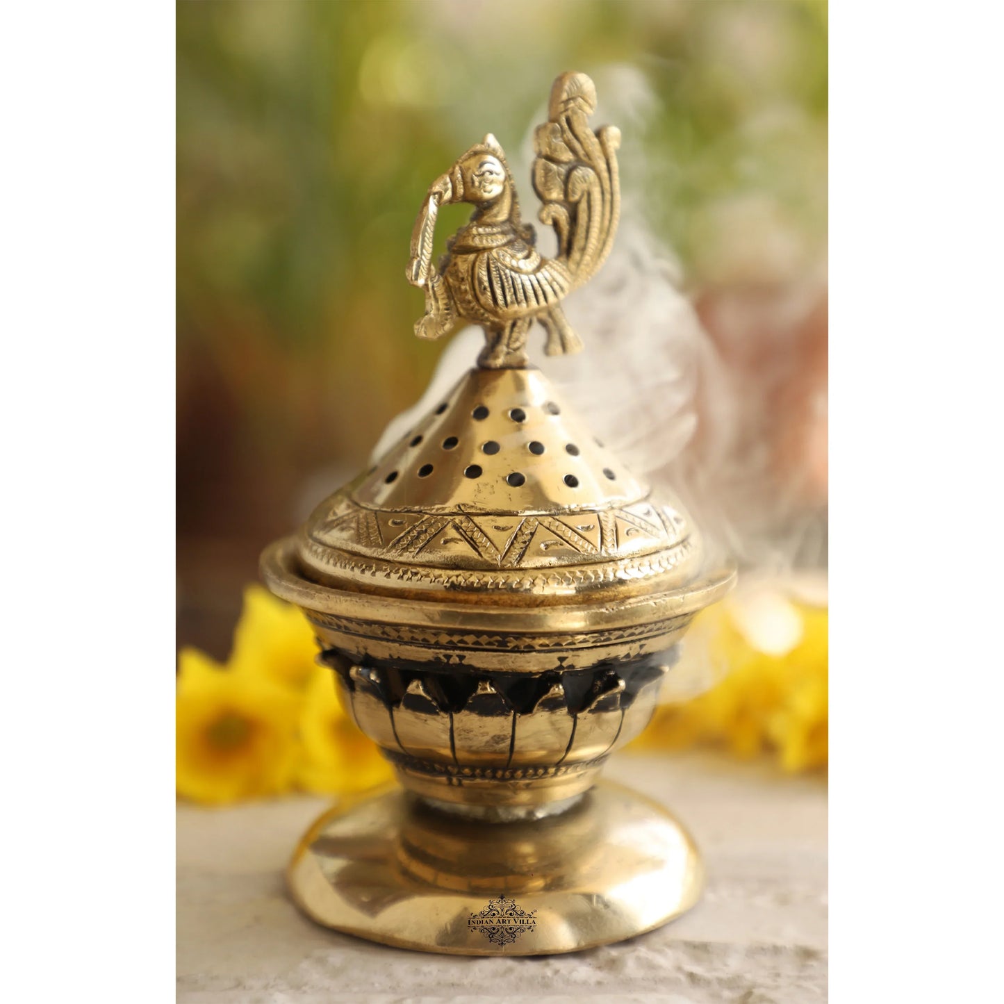 Brass Dhopp Dani with Antique Peacock Design, Idol for Home & Tempel Pooja, Size-6.5x10.16 cm