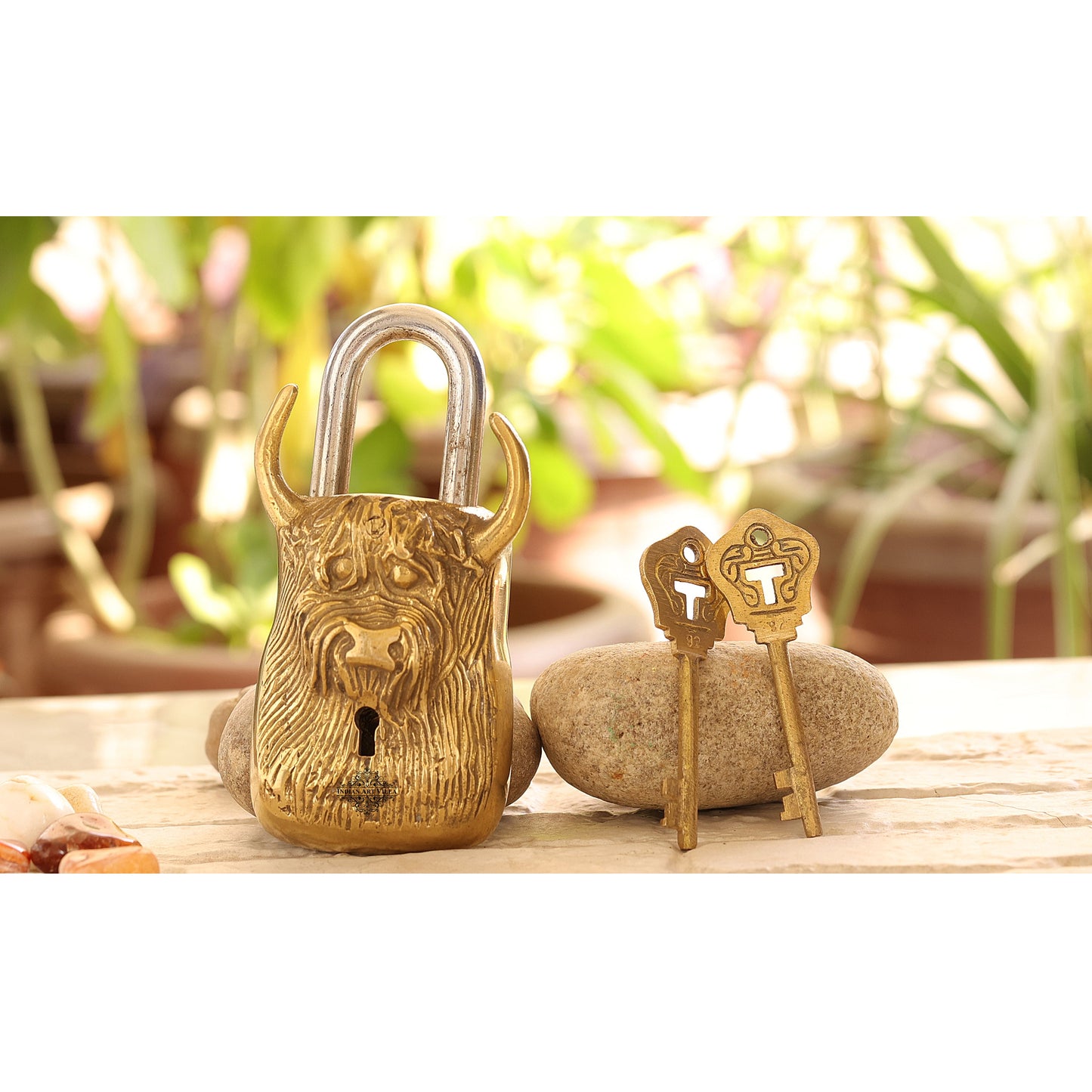 Old Vintage Style Bull Face Shape Brass Security Lock with 2 Keys, Size-2.8x15.24 cm