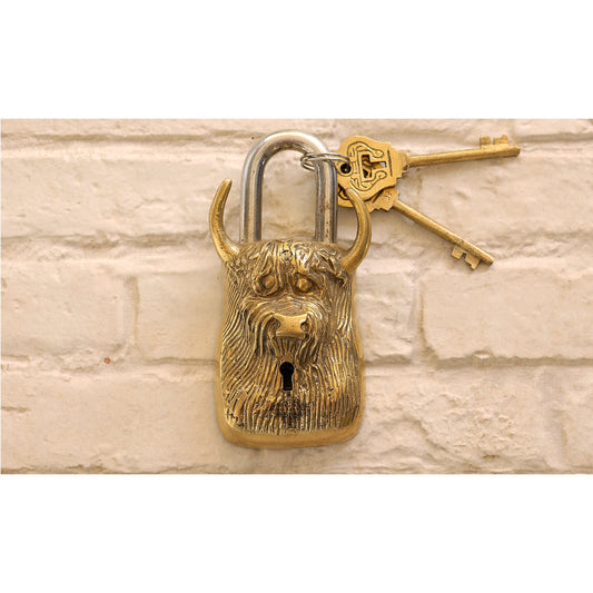 Old Vintage Style Bull Face Shape Brass Security Lock with 2 Keys, Size-2.8x15.24 cm