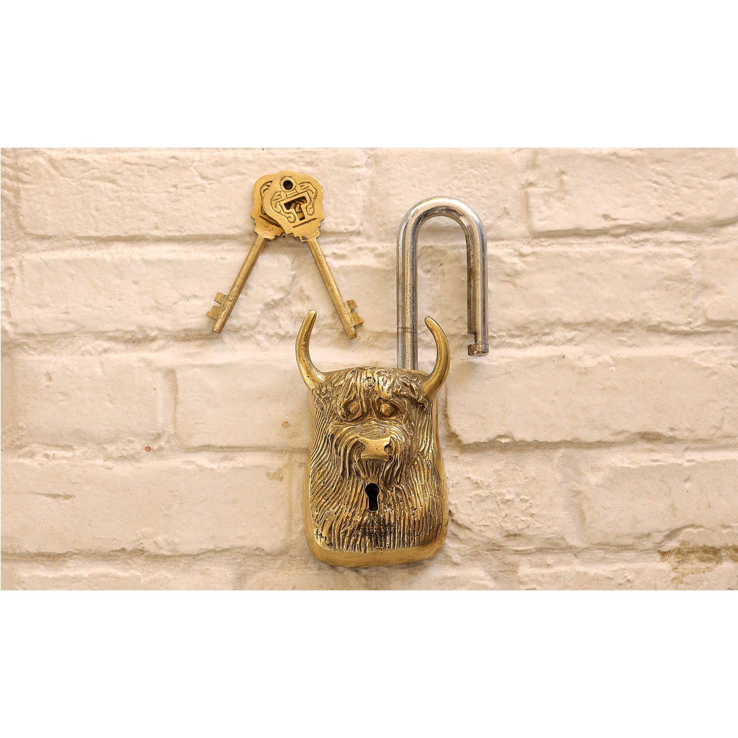 Old Vintage Style Bull Face Shape Brass Security Lock with 2 Keys, Size-2.8x15.24 cm