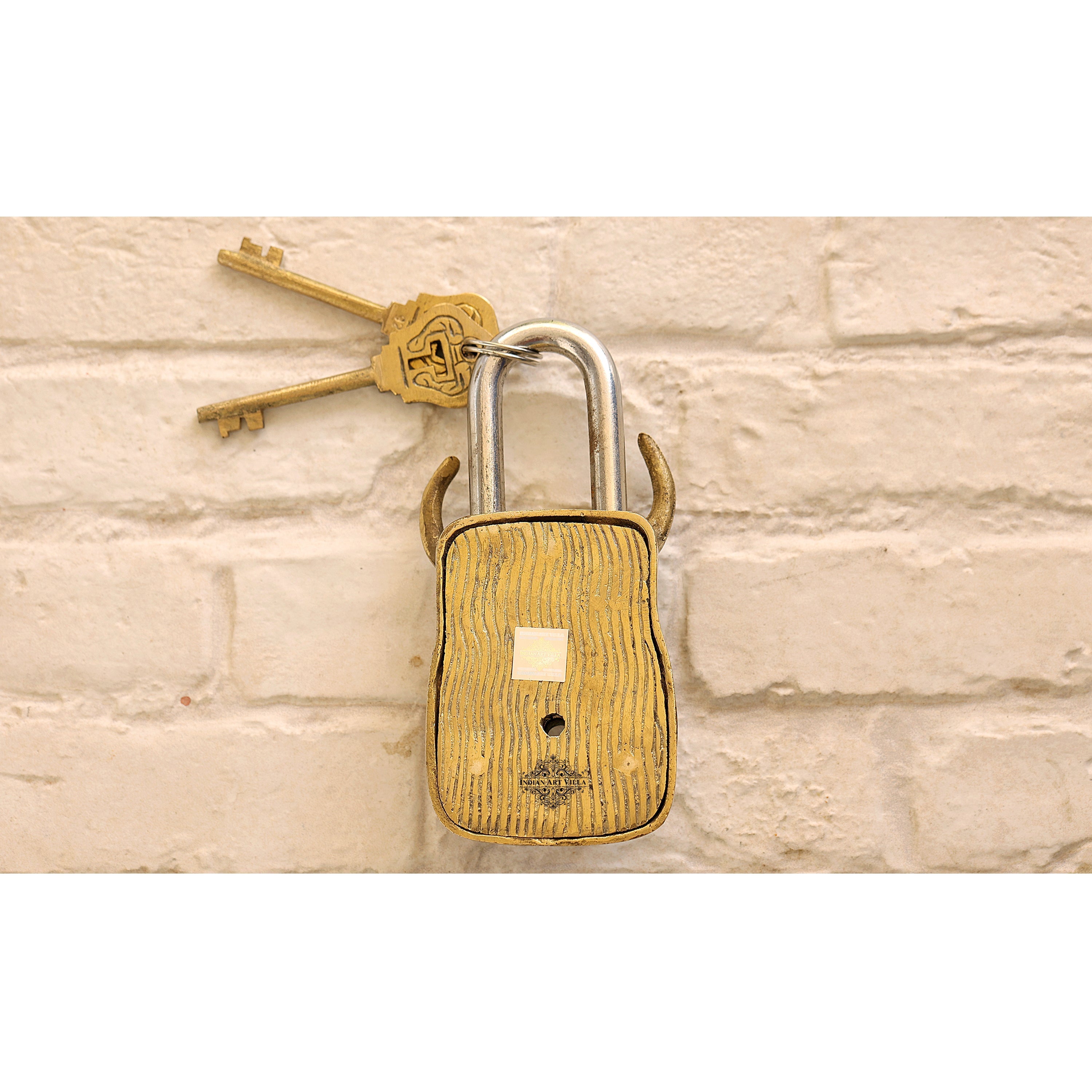 Old Vintage Style Bull Face Shape Brass Security Lock with 2 Keys, Size-2.8x15.24 cm