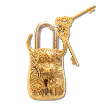 Old Vintage Style Bull Face Shape Brass Security Lock with 2 Keys, Size-2.8x15.24 cm