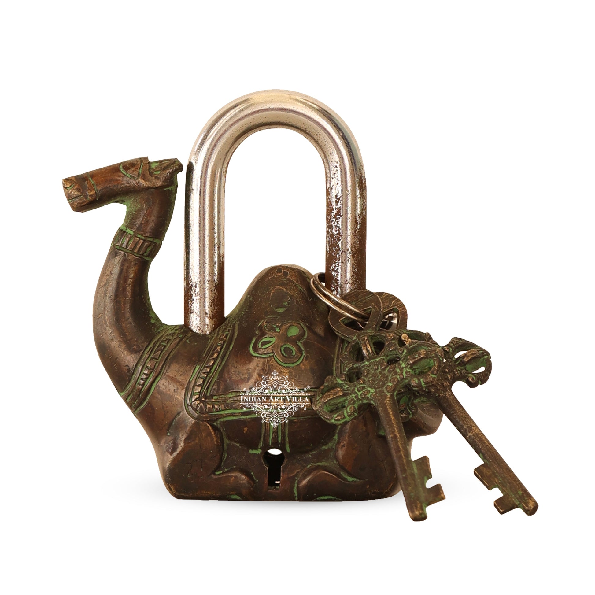 Handmade Old Dark Brown Vintage Style Camel Shape Brass Security Lock with 2 Keys, Size-4x11.43 cm