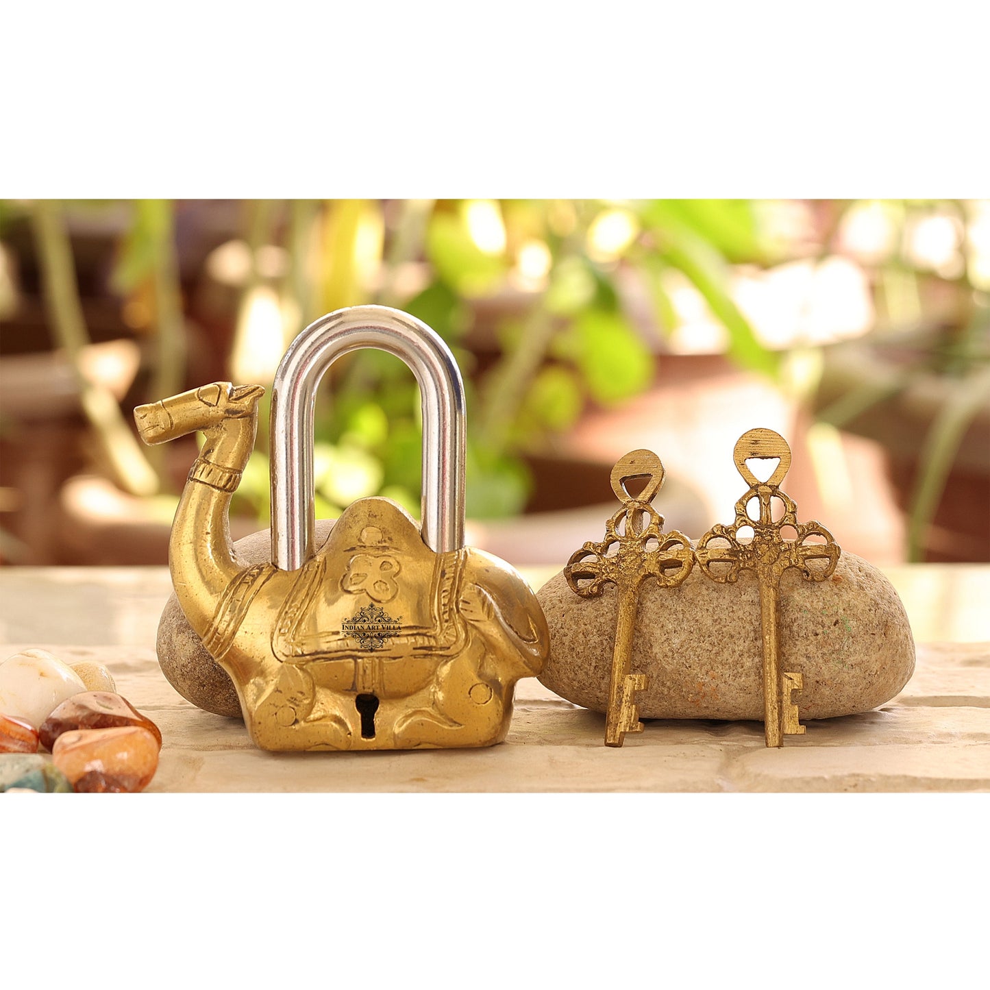 Handmade Old Vintage Style Gold Camel Shape Brass Security Lock with 2 Keys, Size-4x11.43 cm