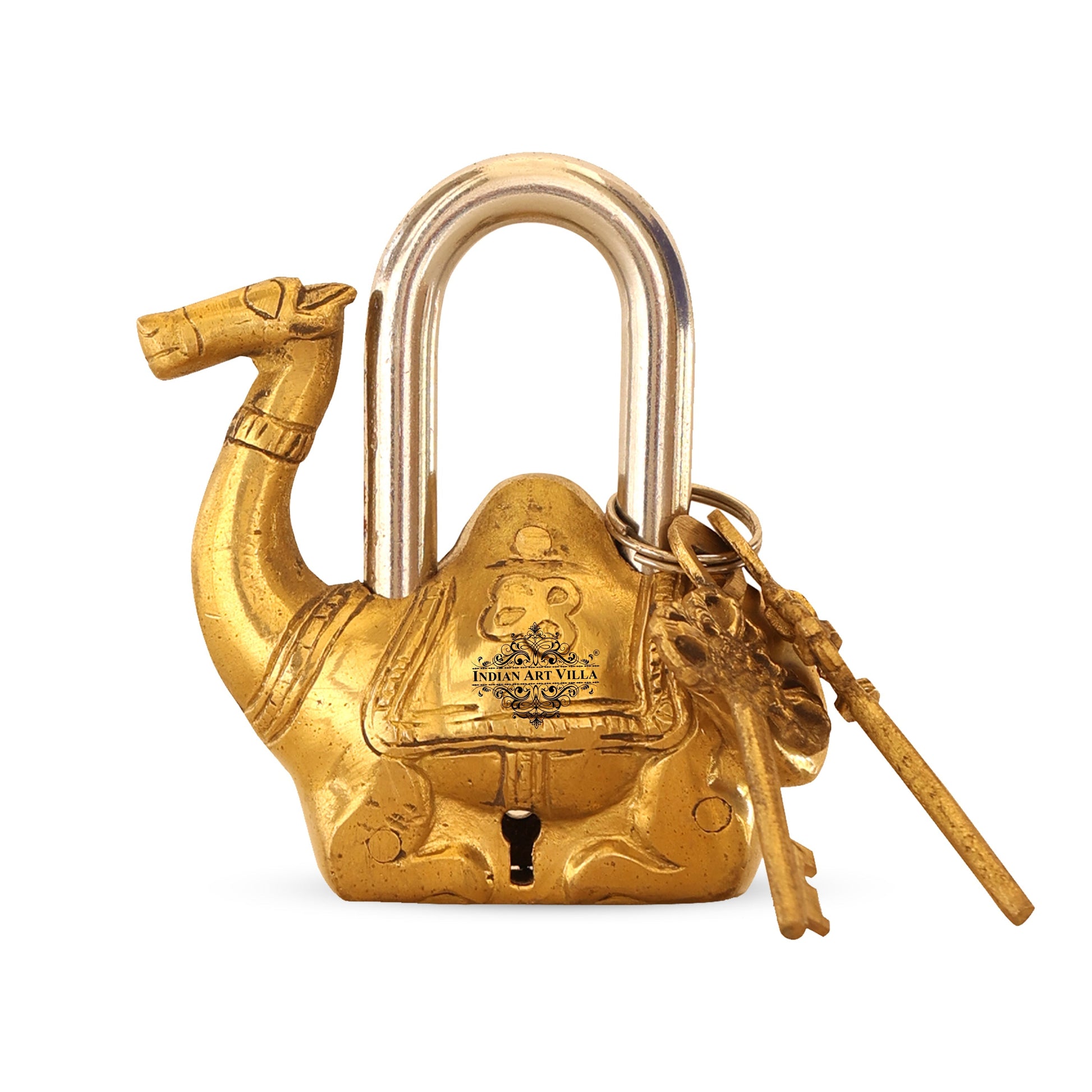 Handmade Old Vintage Style Gold Camel Shape Brass Security Lock with 2 Keys, Size-4x11.43 cm
