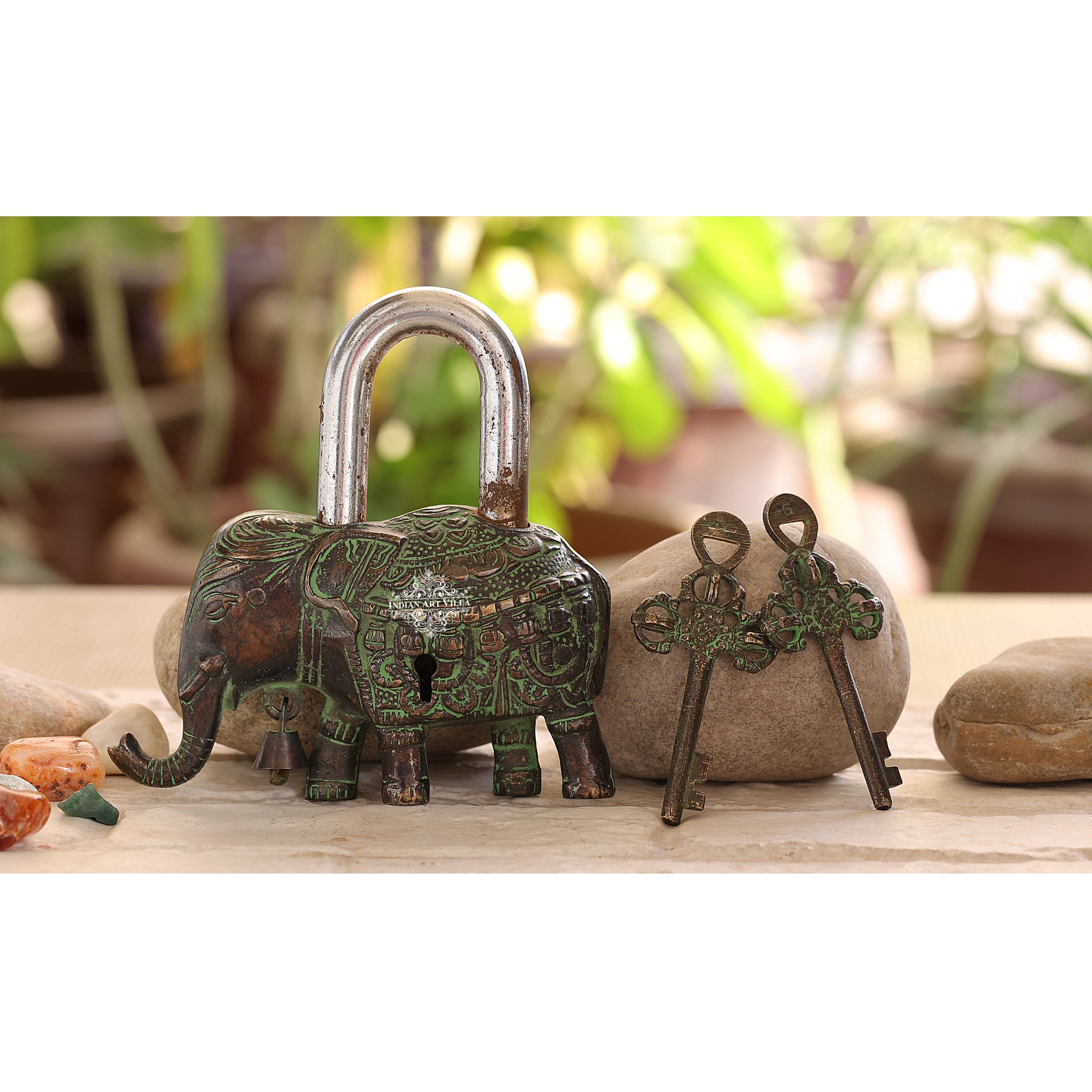 Handmade Old Vintage Style Dark Broun Antique Elephant Shape Brass Security Lock with 2 Keys, Size-4x12.70 cm