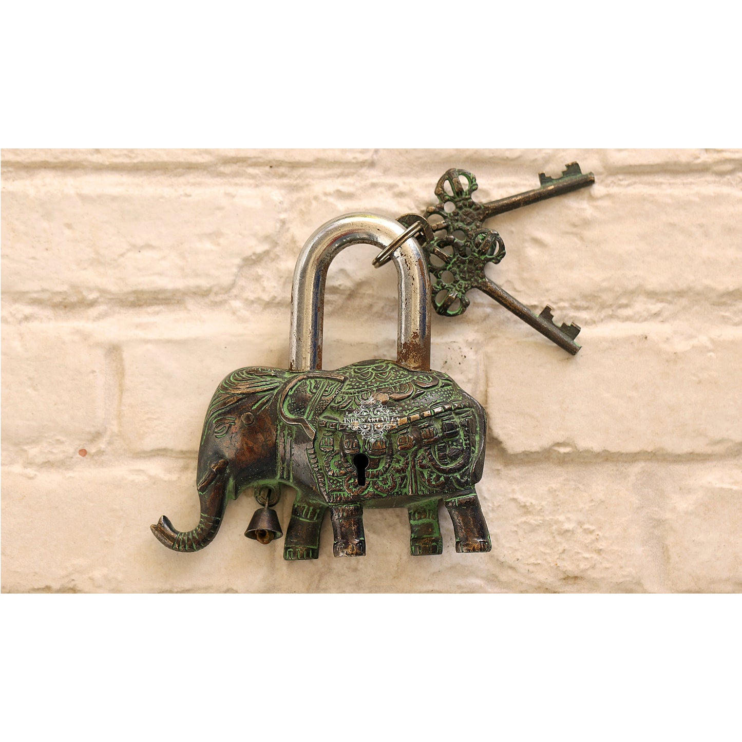 Handmade Old Vintage Style Dark Broun Antique Elephant Shape Brass Security Lock with 2 Keys, Size-4x12.70 cm
