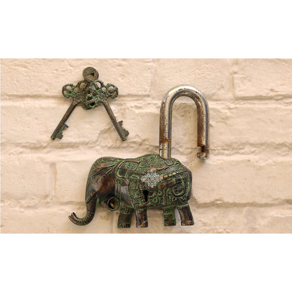 Handmade Old Vintage Style Dark Broun Antique Elephant Shape Brass Security Lock with 2 Keys, Size-4x12.70 cm