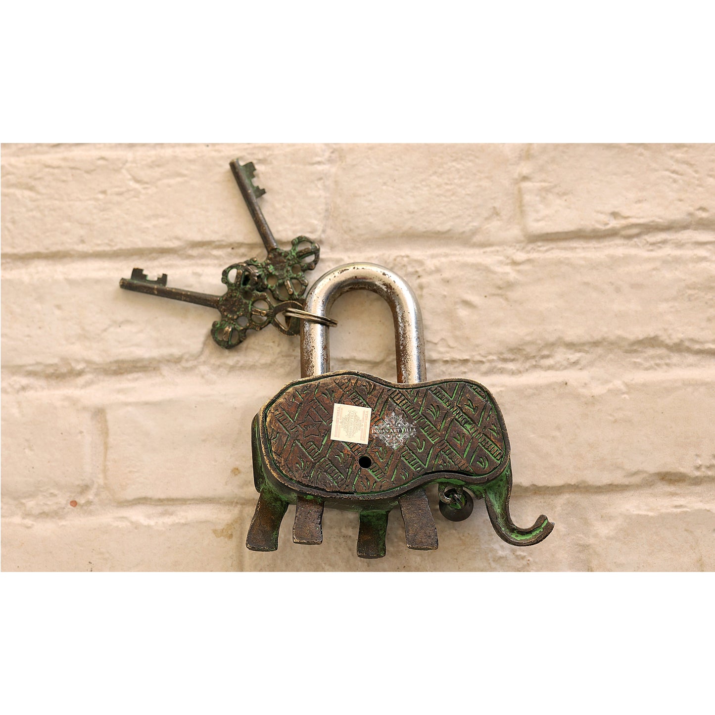 Handmade Old Vintage Style Dark Broun Antique Elephant Shape Brass Security Lock with 2 Keys, Size-4x12.70 cm