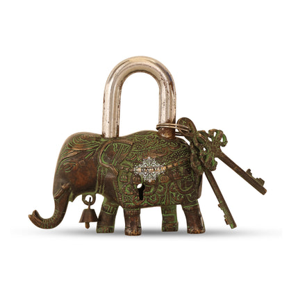Handmade Old Vintage Style Dark Broun Antique Elephant Shape Brass Security Lock with 2 Keys, Size-4x12.70 cm