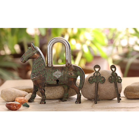 Handmade Old Dark Brown Vintage Style Horse Shape Brass Security Lock with 2 Keys, Size-5.5x13.97 cm