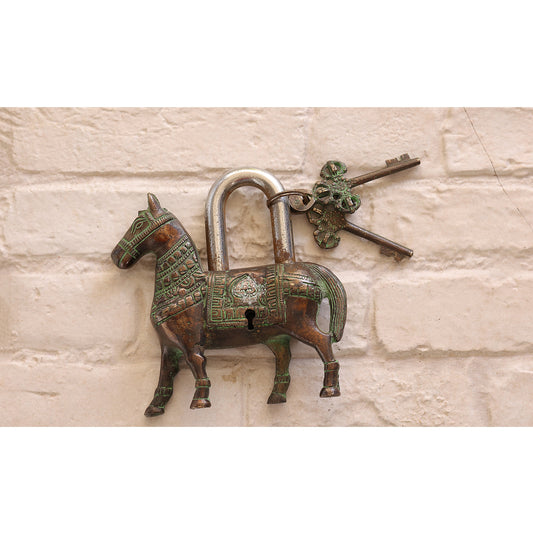 Handmade Old Dark Brown Vintage Style Horse Shape Brass Security Lock with 2 Keys, Size-5.5x13.97 cm