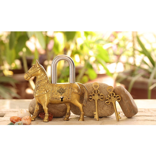Handmade Gold, Old Vintage Style Horse Shape Brass Security Lock with 2 Keys, Size-5.5x13.97 cm