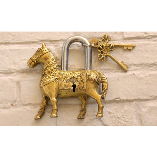 Handmade Gold, Old Vintage Style Horse Shape Brass Security Lock with 2 Keys, Size-5.5x13.97 cm