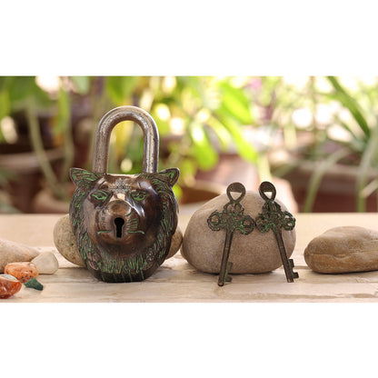 Handmade Old Vintage Style Dark Brown Antique Lion Face Shape Brass Security Lock with 2 Keys, Size-6x13.97 cm
