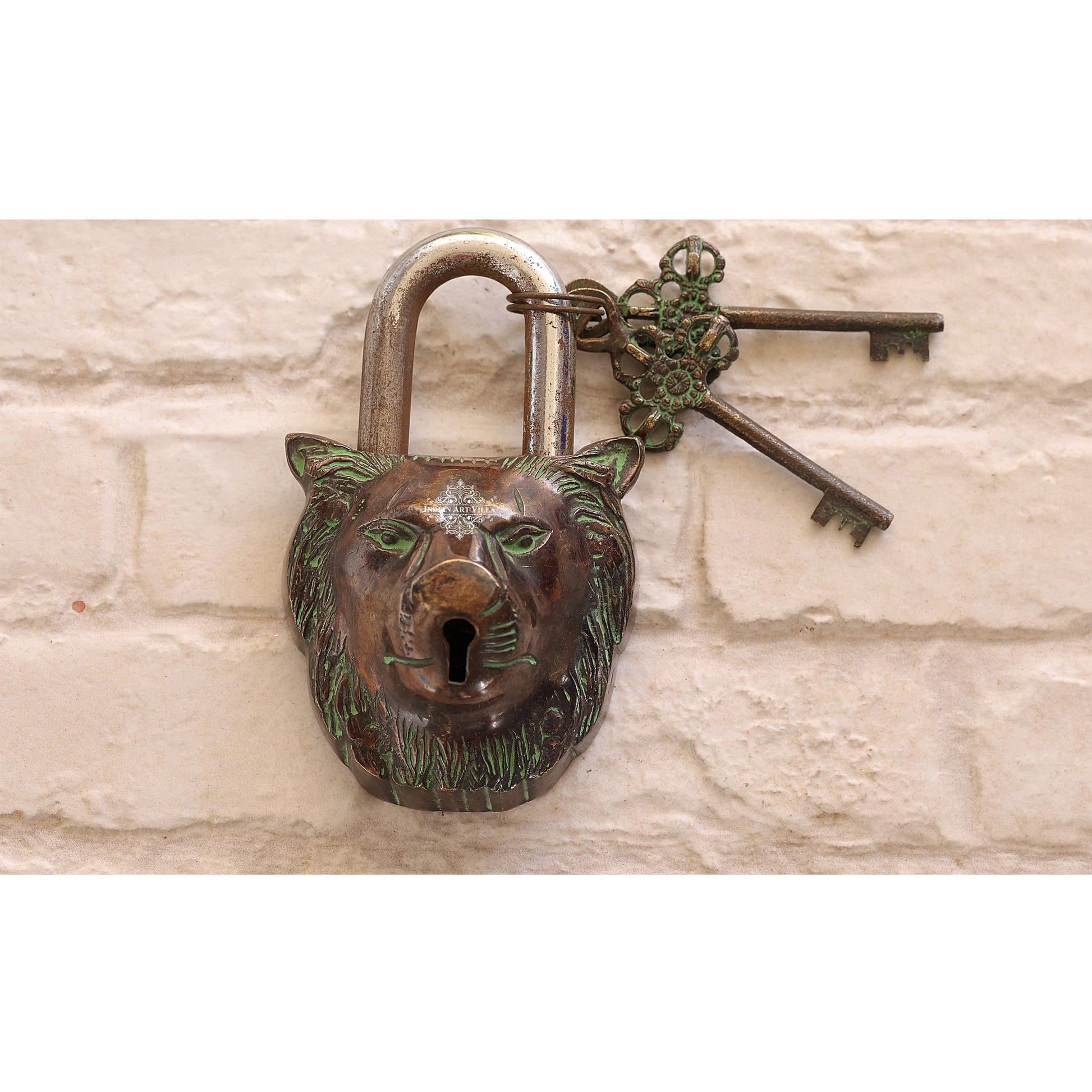 Handmade Old Vintage Style Dark Brown Antique Lion Face Shape Brass Security Lock with 2 Keys, Size-6x13.97 cm