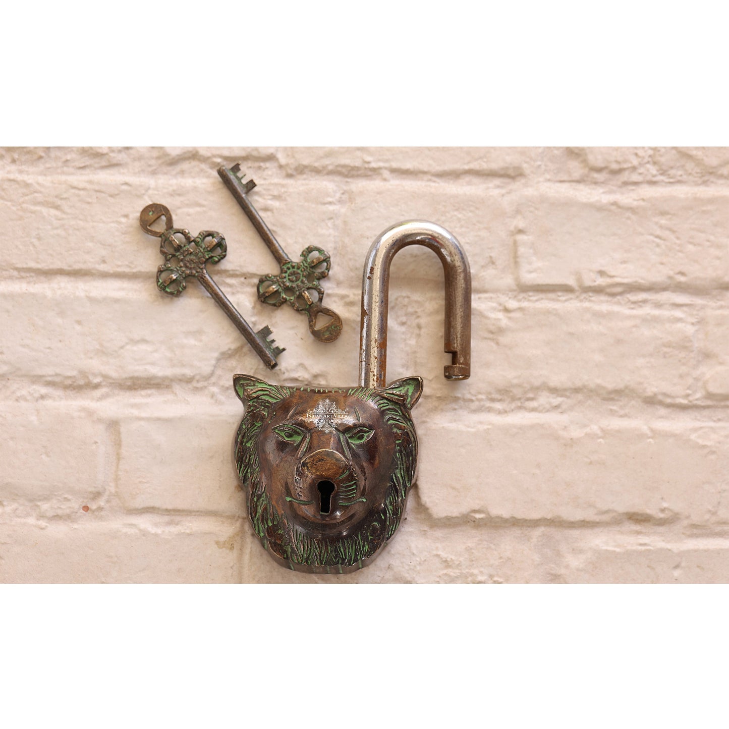 Handmade Old Vintage Style Dark Brown Antique Lion Face Shape Brass Security Lock with 2 Keys, Size-6x13.97 cm