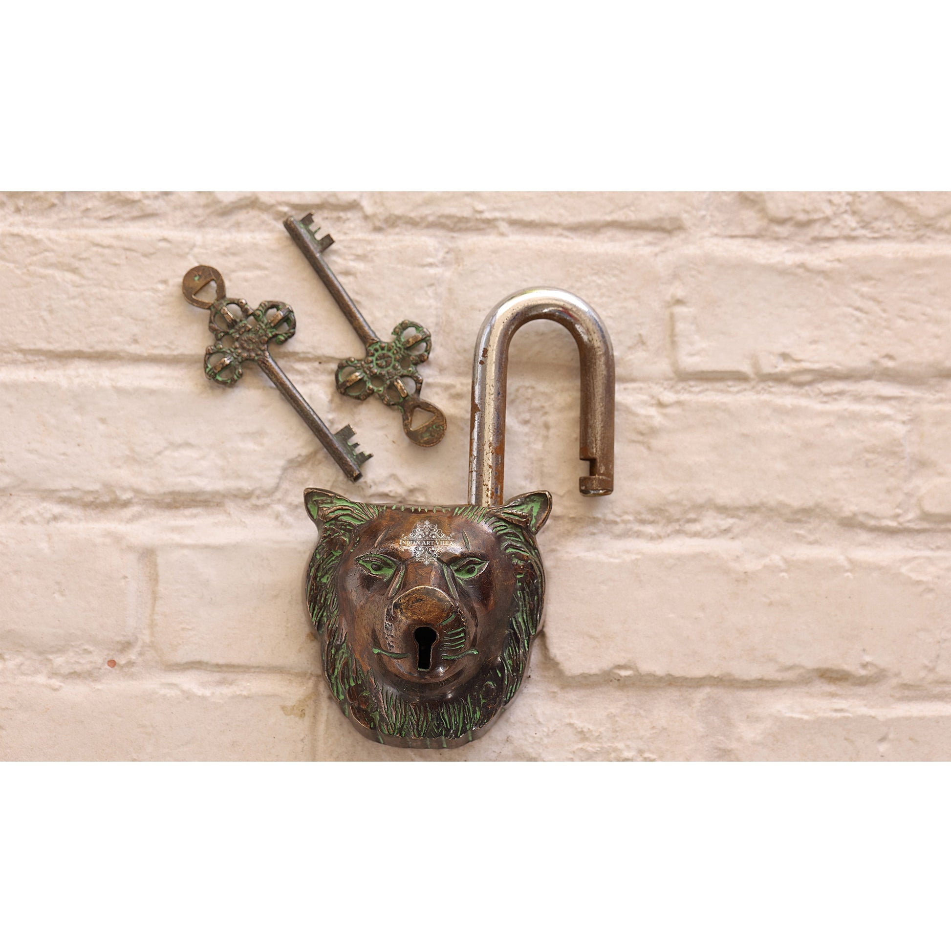 Handmade Old Vintage Style Dark Brown Antique Lion Face Shape Brass Security Lock with 2 Keys, Size-6x13.97 cm